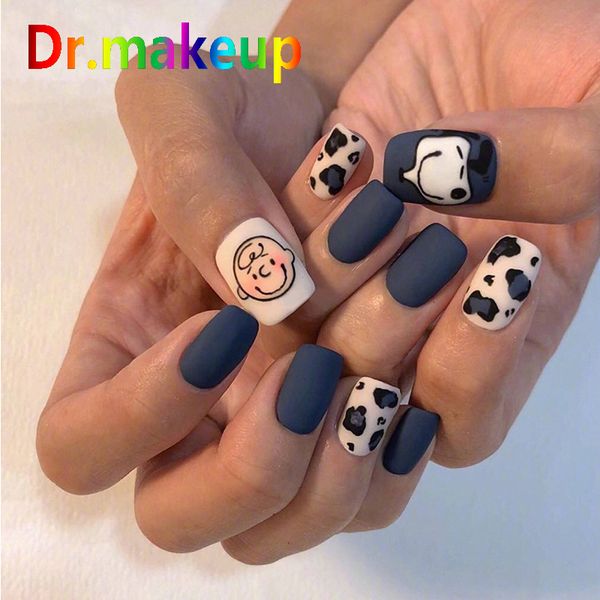 

dr.makeup 24pcs/set european matte false nails pre-design snoopy full finished blue leopard full nail tips artificial fake nails, Red;gold
