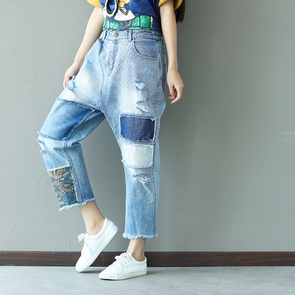 

loose slim patch personality cotton jeans women loose large size hole casual fashion trend patchwork sell nine points pants, Blue