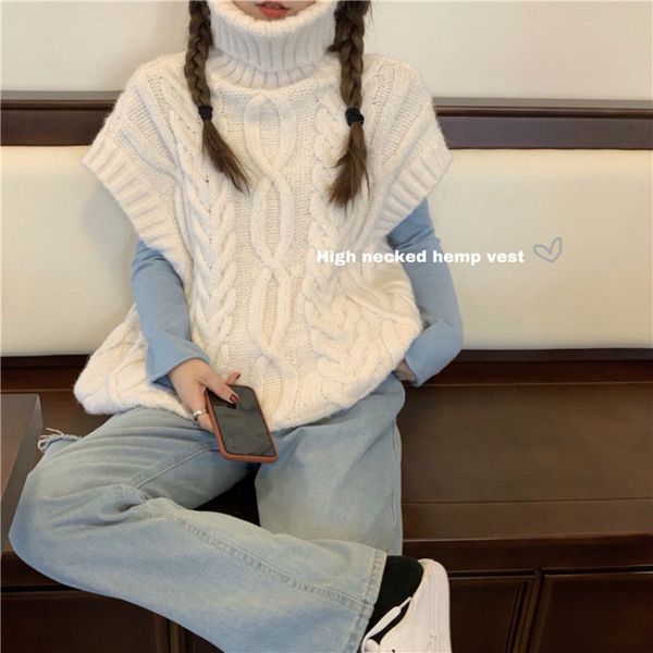 

women's sweaters women winter turtleneck white sleeveless shrug sweater twist long knitted waistcoat loose plus size casual vest, White;black