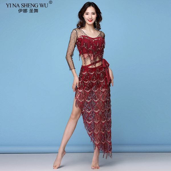 

women belly dance costumes practice wear set oriental dance bellydance mesh tassels sequined with safety shorts dancewear team, Black;red