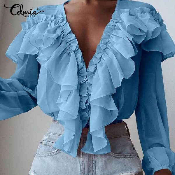 

summer women and blouses 2019 celmia deep v-neck long sleeve casual ruffles shirts solid party blusas femme plus size, White