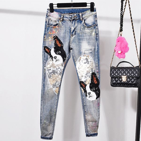 

women jeans pants sequined patchwork skinny jeans autumn blue for women casual slim denim pants stretch ladies