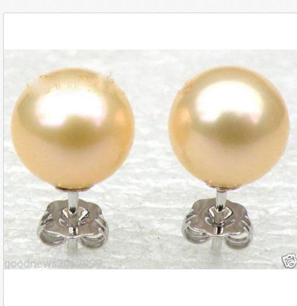 

14k white gold ++ 8-9mm perfect round golden pink akoya stud pearl earring, Golden;silver