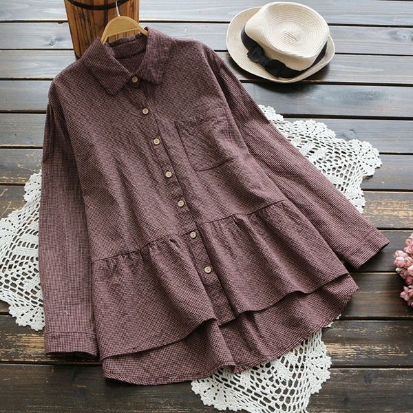 

mori girl 2019 blouse cotton long sleeve spring autumn loose linen plaid casual shirt fashion loose yoyikamomo, White
