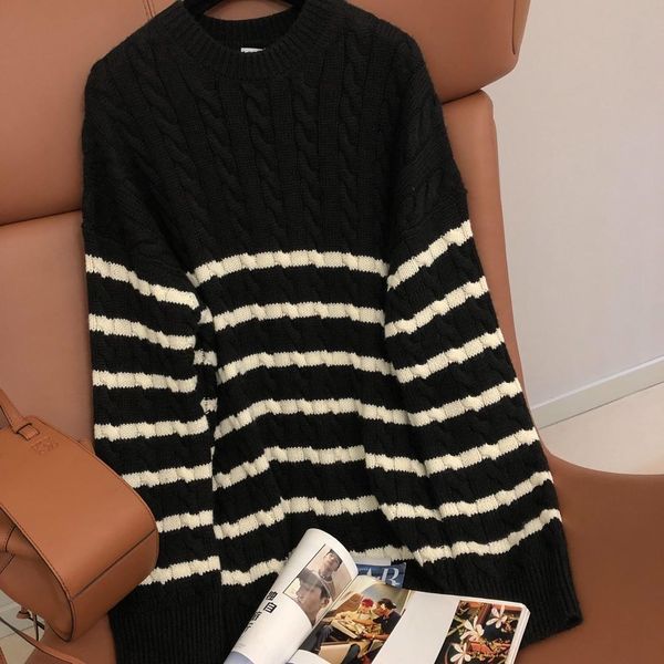 

size feminino knitted cardigan plus stripe casual pullover long sleeve women sweater fashion brand women autumn spring women clothes-a, White;black