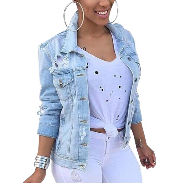 

women denim jacket coat autumn long sleeves jeans jackets lapel pocket casual coat retro frayed jeans jacket, Black;brown