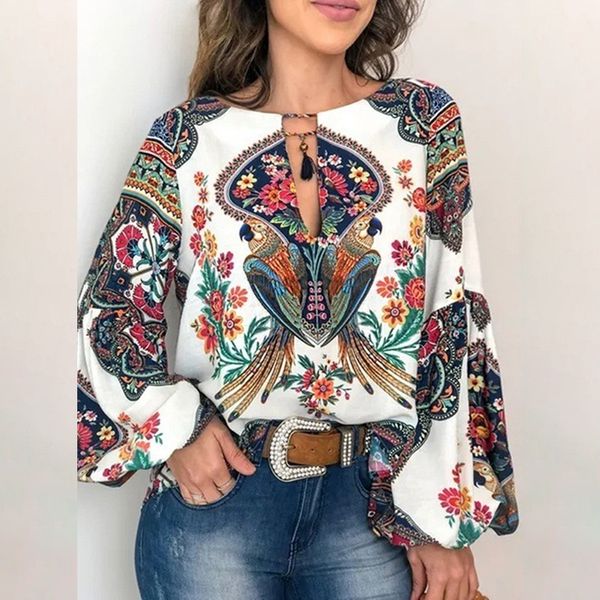 

womens casual boho printed loose long lantern sleeve round neck blouses, White