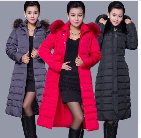

winter women fashion long thick warm down cotton jacket women plus size fur collar slim coat overcoat parka, Black