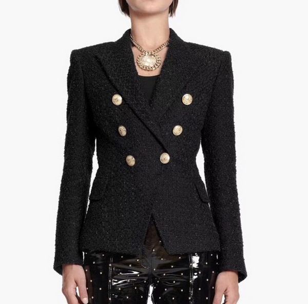 

original design women's branded ladies double-breasted slim jacket metal buckles woven tweed blazer outwear coat business wear, White;black
