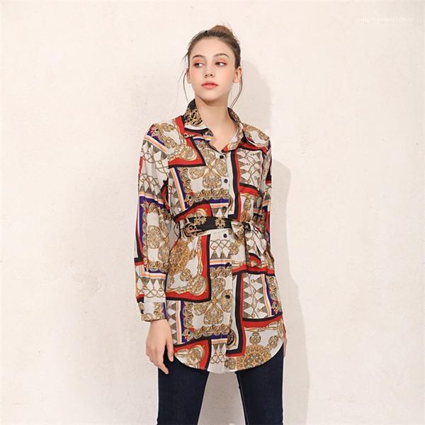 

button printed lapel neck shirts long sleeve ladies party street clothing bowknot cardigan women blouses summer loose, White