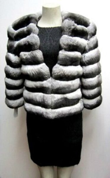 

arlenesain custom 2019 new design real chinchilla fur women jacket with v-collar nine-quarters, Black