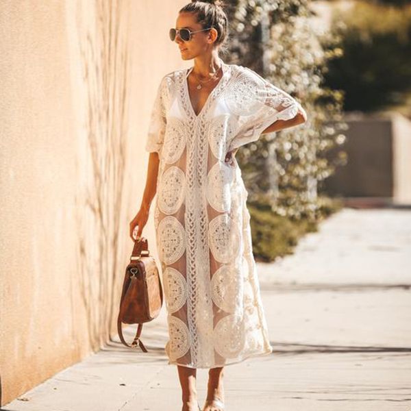 

big flower embroidery beach bikini swimsuit sunscreen clothes bikini sunscreen clothes blouse, White;black