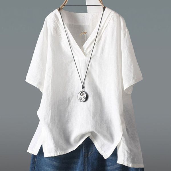 

2019 summer women's new selling pure color wild short-sleeved v-neck irregular cotton loose shirt, White
