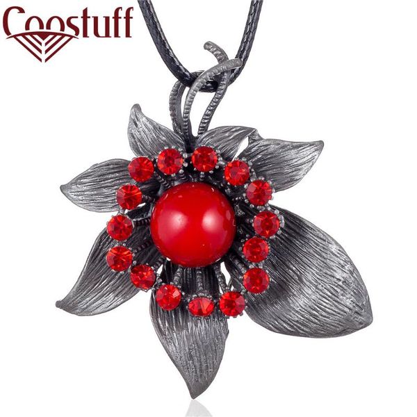 

vintage plant jewelry long necklace for women leaf flower pendant red beads crystal black rope chain jewellery suspension choker, Silver