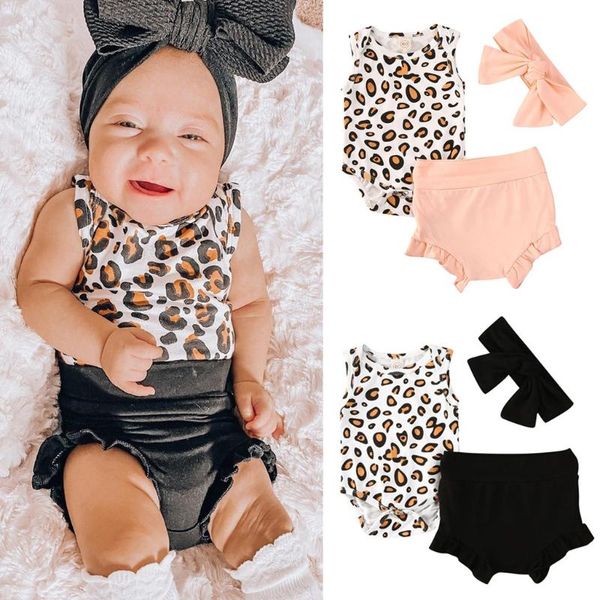 

2020 baby boys girls summer clothes sleeveless leopard rompers shorts headband 3pcs toddler infant baby clothing outfits, White