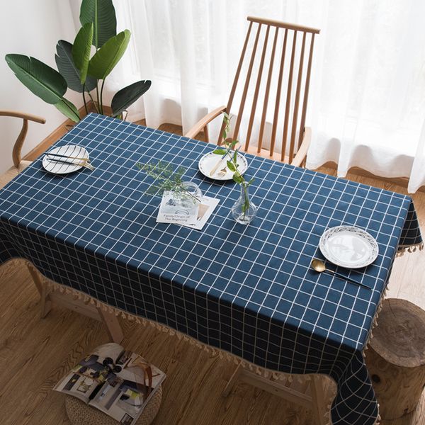 

natural plain cotton linen fabric table cloth fuzzy bull tassel table cloth