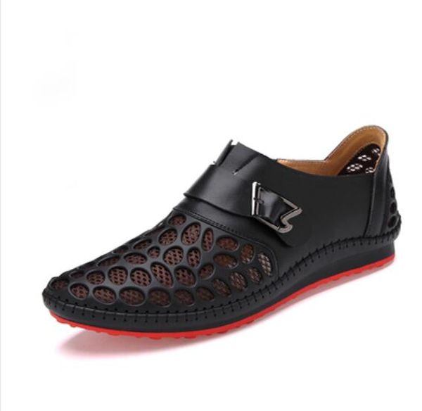 

летние мужские сандалии из натуральной кожи дышащие выдалбливают классические мужские плоские сандалии твердые резиновые кожаные мужские пов, Black