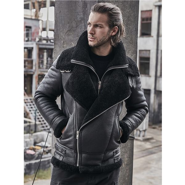 

2019 new men's b3 sheepskin shearling coat motorcycle men's leather jacket fur coat thick winter coats, Black