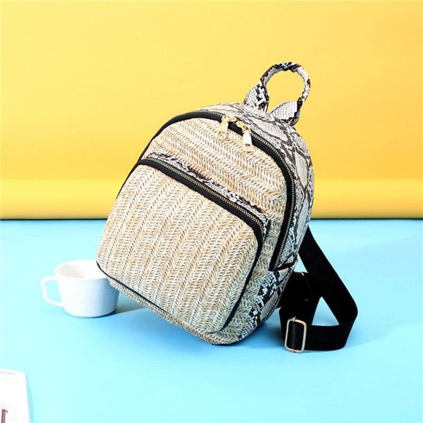 

female rattan bag backpack woman 2020 handmade woven backpack snake shoulder bag summer pu leather straw mini mochila