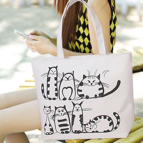 

женская сумка тотализаторы мультфильм кошка печати холст плечо слинг сумки повседневная портативная большая емкость хозяйственные сумки