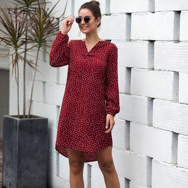 

lossky dress women polka dot printed autumn spring long sleeve v neck irregular mini dress red ladies jumper clothing streetwear, Black;gray