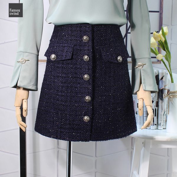 

зима осень плед шерсти юбка женская royal кнопка карман спереди плюс размер блеск твид юбка saia feminina, Black