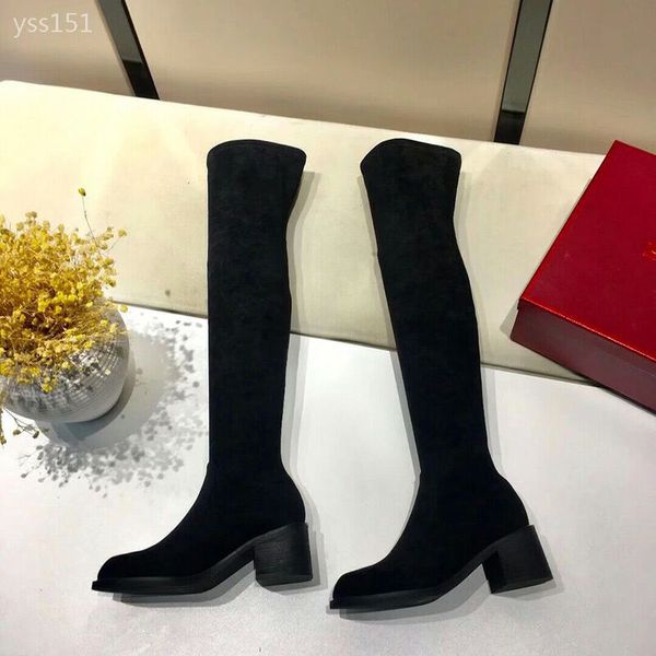 

2020 women's high boots autumn winter knitting wool ladies shoes thigh high boots for women long boot leisure wedges woman boot, Black