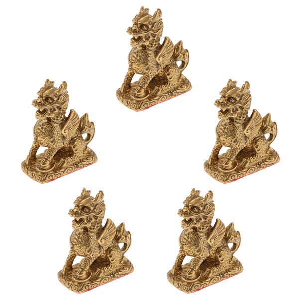 

5xpure copper brass feng shui wealth kylin beast statue furnishing ornament