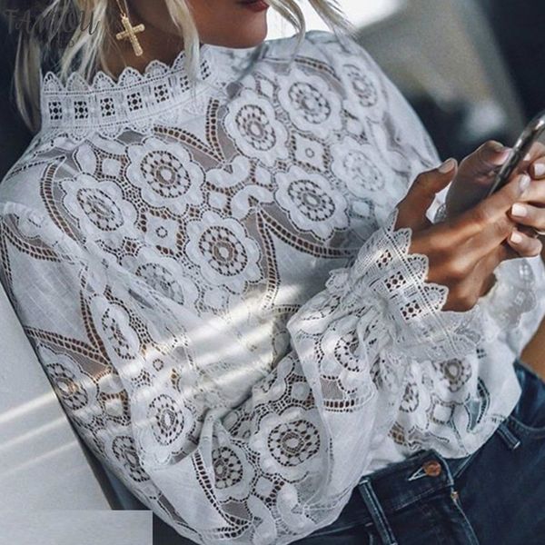 

2019 arrival women hollow out long sleeve blouse elegant summer petal sleeve white floral lace blouse