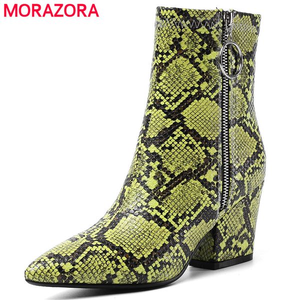 

morazora plus size 34-43 new women boots thick high heels zipper snake printing leather boots autumn winter ankle female, Black