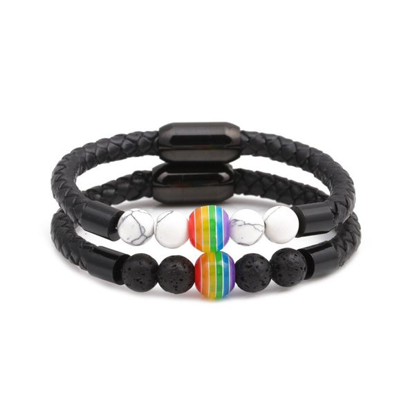 

rainbow beads lava rock bracelet healing balancing genuine leather bracelets with magnetic clasp tiger eye howlite for men, Golden;silver