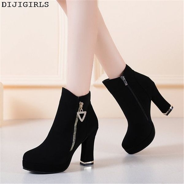 

warm soft ankle boots side zipper waterproof high heels snow shoes botas patent botas mujer 9.5cm winter casual women pumps, Black