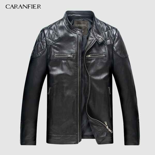 

caranfeir brand biker jacket genuine leather jacket mens 100% sheepskin new style clothes fashion motor biker leather jackets, Black