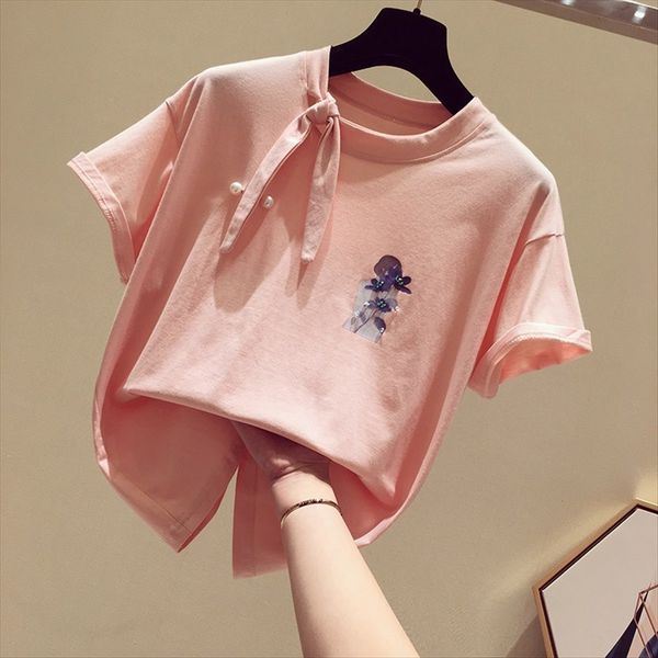 

розовый футболка с коротким рукавом женский 2020 свободный плечо top плечевой ремень из бисера печати ремень половина рукав рубашки верхней, White