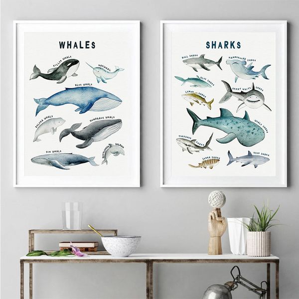

watercolor whales canvas art print shark poster nursery wall art cetacea canvas painting wall pictures for kids room decoration