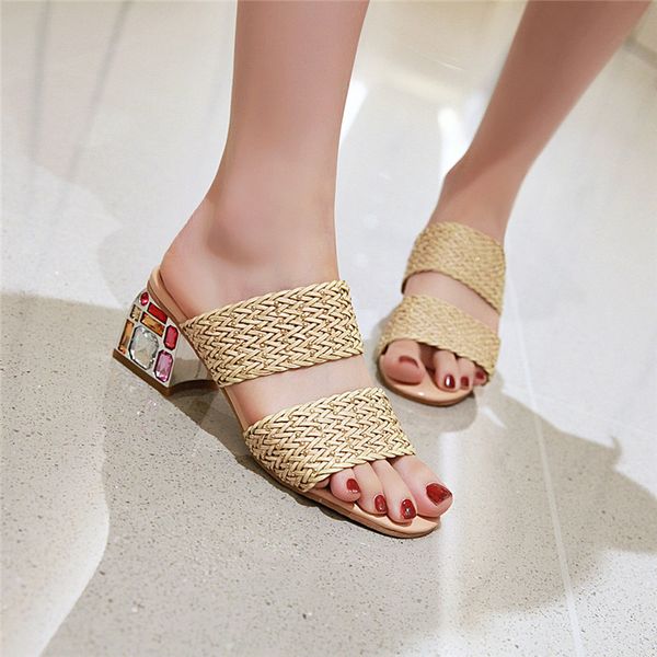 

ymechic 2019 new arrival woman slippers summer studded sandals apricot knitting colorful crystal thick blcok heels party shoes, Black