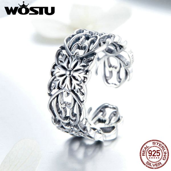 

wostu vintage 100% 925 sterling silver flower ring finger adjustable size rings for women silver wedding jewelry gift fir500