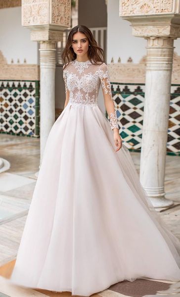 

high fashion naviblue 2019 dolly wedding dress illusion lace applique long sleeve garden bridal gowns with sweep train, White