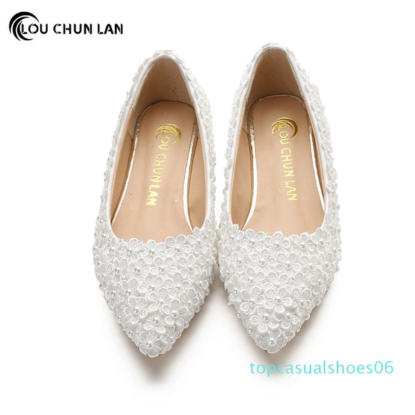 

louchunlan women flat white flower wedding shoes shallow mouth pointed toe shoes bridal large size 40-45 t06, Black