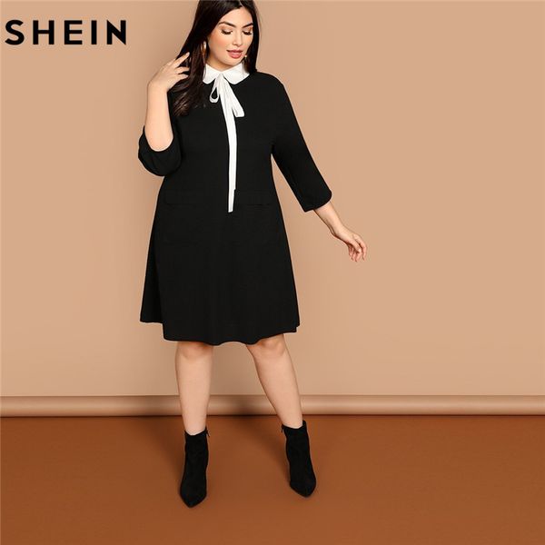 

shein plus size tie neck peter pan collar preppy style women black straight dress 2019 spring three quarter sleeve dresses, Black;gray