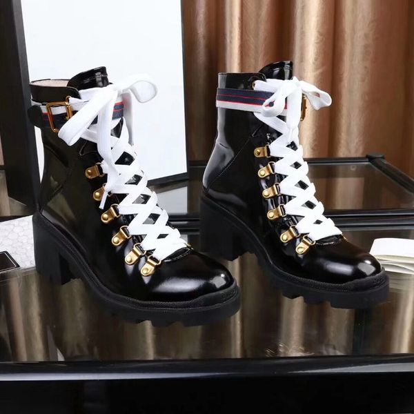 

boots martin women calfskin leather buckled calf spikes rivet boot lace up ankle bottes booties au-dessus bottines winter boots 3, Black