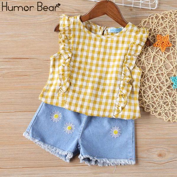 

humor bear girl clothes suit summer new plaid sleeveless denim shorts 2pcs set children baby kids toddler girls clothing, White