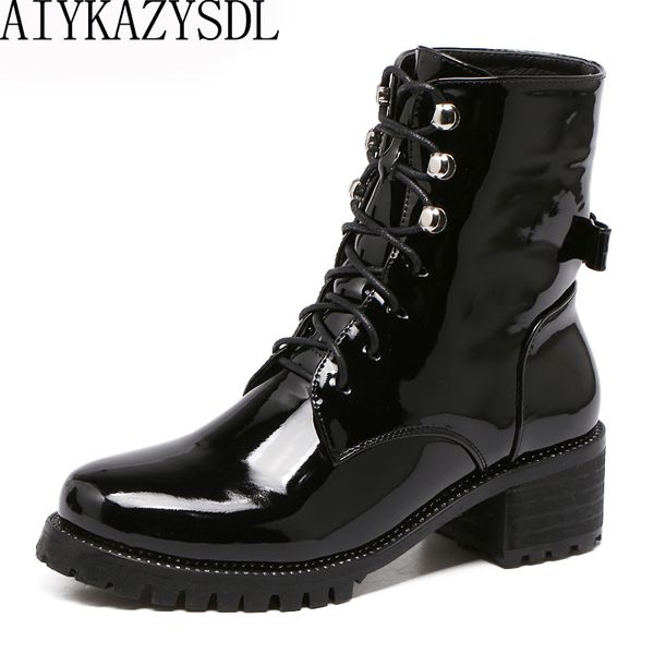 

aiykazysdl women motorcycle biker ankle boots faux patent leather rhinestone crystal bootie bow butterfly knot shoes thick heels, Black