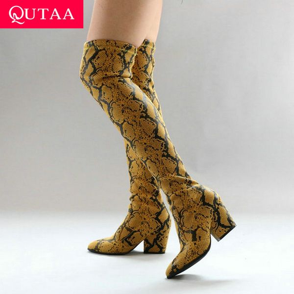 

qutaa 2020 fashion serpentine pu leather slip on long boots square heel comfort winter women over the knee boots size 34-43, Black