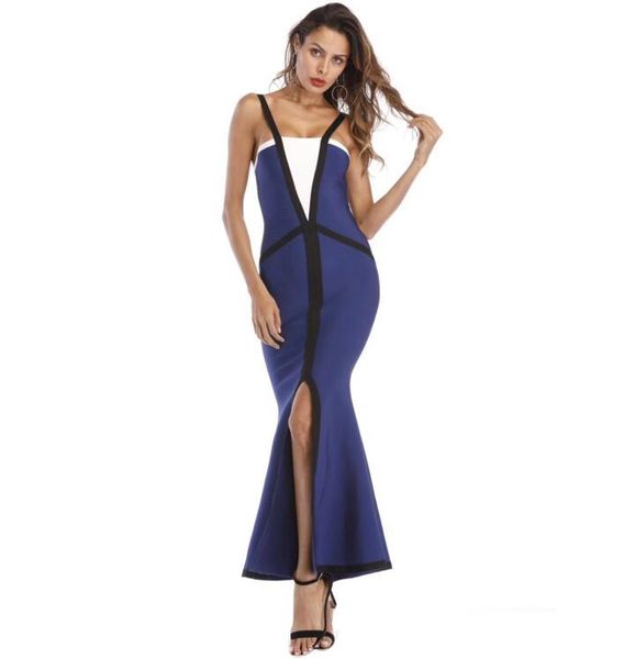 

v-neck strap low bosom winter blue slit backless pub evening party women bandage long dress wholesale, Black;gray