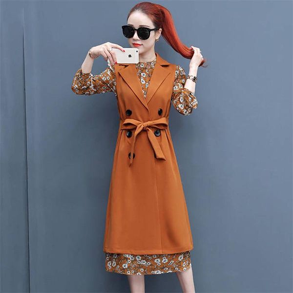 

floral print dress set for women double breasted sashes long vest + full sleeve pleated a-line dress women's 2 pieces sets j187, White