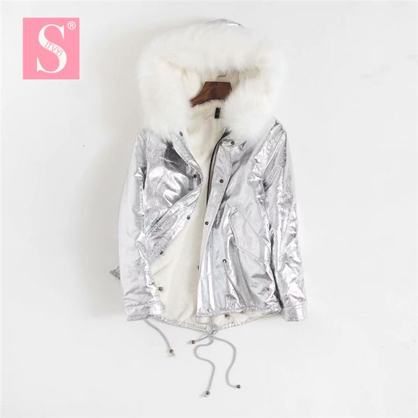 

lundunshijia 2018 winter new parka silver jacket women fur jacket big fur collar hooded warm gold thick cotton-padded clothes y190926, Black;white