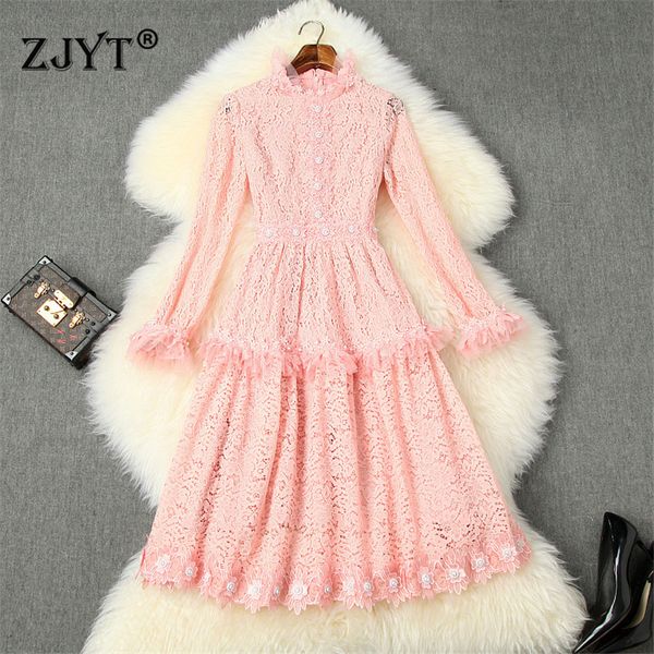 

new arrival 2020 spring dress women fashion designer flare sleeve beading hollow out sweet knee length party lace dress woman, Black;gray
