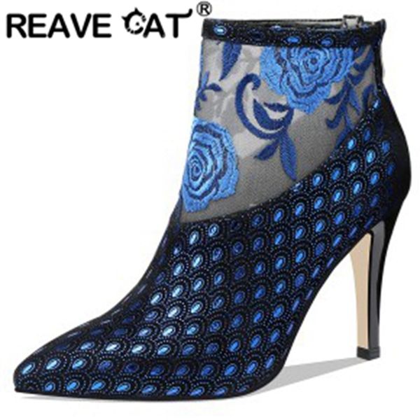 

reave cat retro female ankle boots pointed toe 9cm thin high heels zipper printing embroidered mesh large size 33-40 party a2960, Black