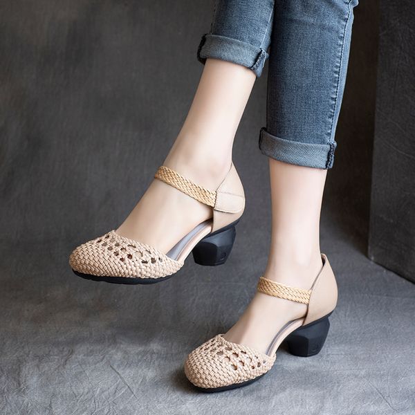 

women leather sandals beige retro high heels chunky shoes summer for women handmade genuine leather sandals black brand